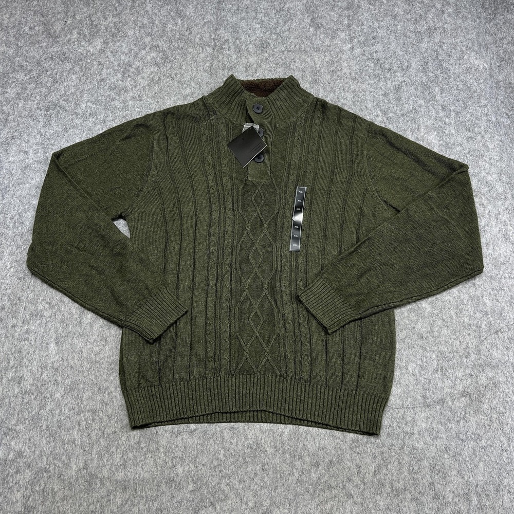 Tricots St Raphael Sweater Mens 2XL‎ Green Cable Knit Mock Neck Button Pullover